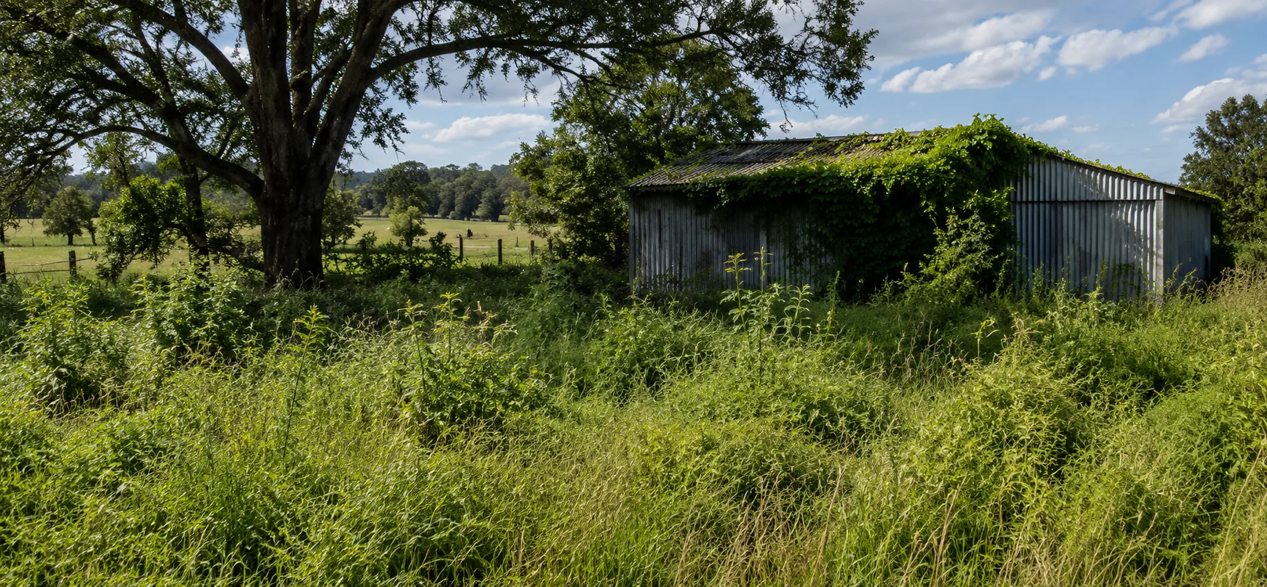Overgrown yard with an old shed buried in long grass — Bigfoot Property Services clean-ups around Deloraine