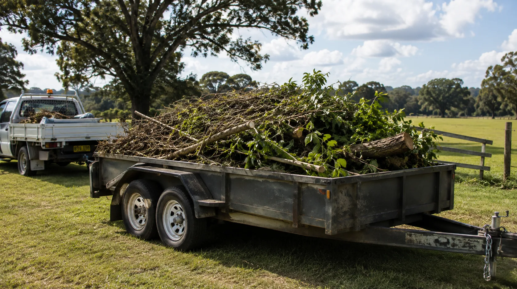 Trailer piled high with green waste and timber — Bigfoot rubbish removal across the Meander Valley